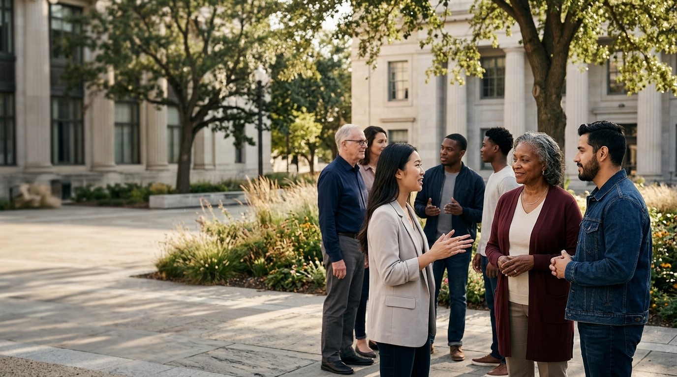 Michael Martino engaging in dialogue in a civic community setting