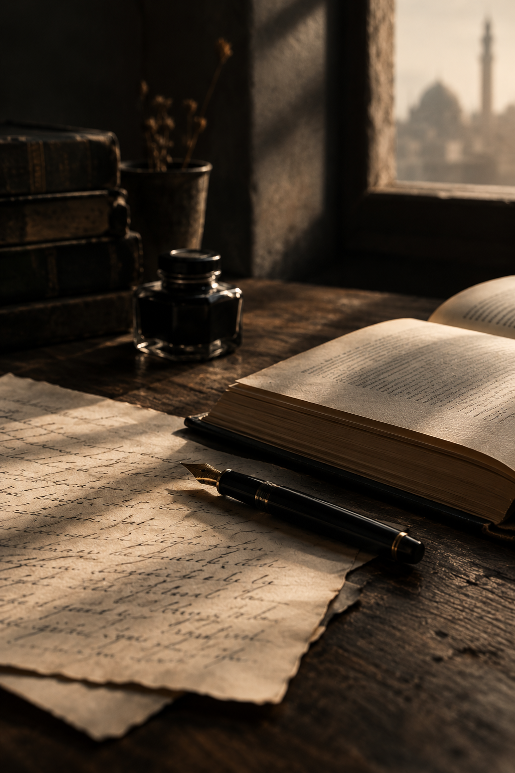 Fountain pen resting beside an open book and handwritten manuscript pages