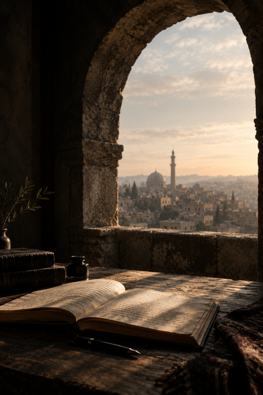 A quiet city seen through an old arch, with an open handwritten book in the foreground