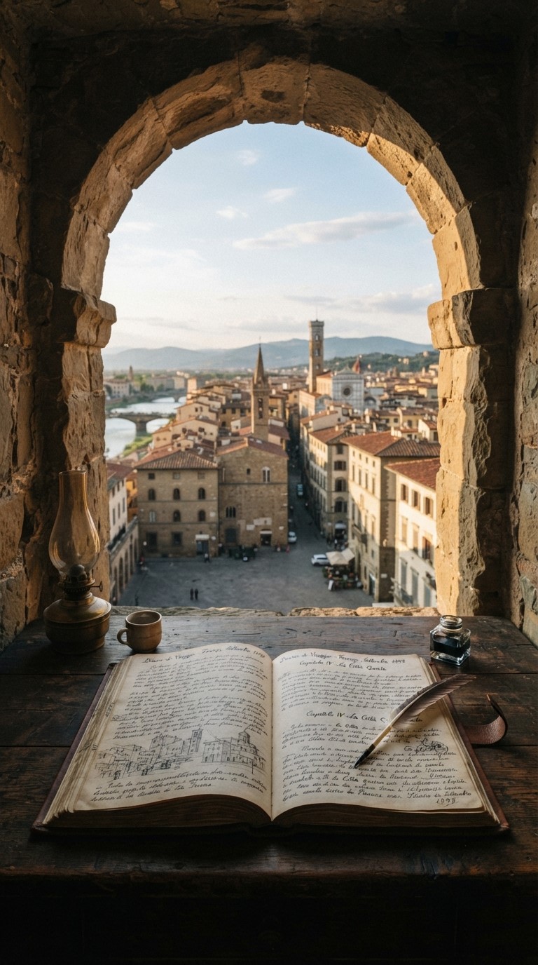 Open handwritten book on a wooden desk before a quiet city framed by an old stone arch